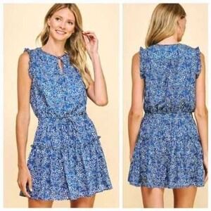 PINCH Tiered‎ Ruffle Floral Blouse Blue & Cream Cap Sleeve Elastic Waist M